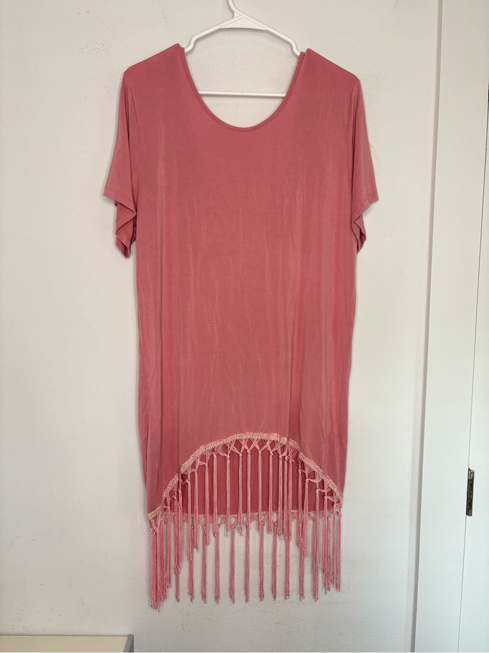 POL BABY PINK FRINGE OPEN BACK STRAPPY TUNIC BLOUSE DRESS SZ SMALL
